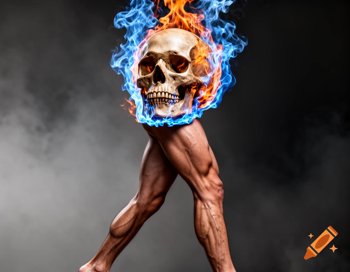 A walking human skull engulfed in blue and orange flames stands on muscled human legs against a dark, smoky background.