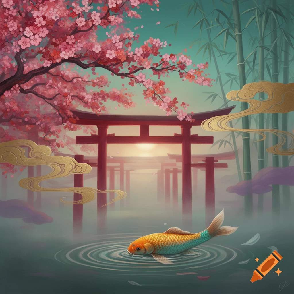A serene Japanese landscape with pink cherry blossoms, red torii gates, bamboo, and a colorful koi fish in water with ripples.