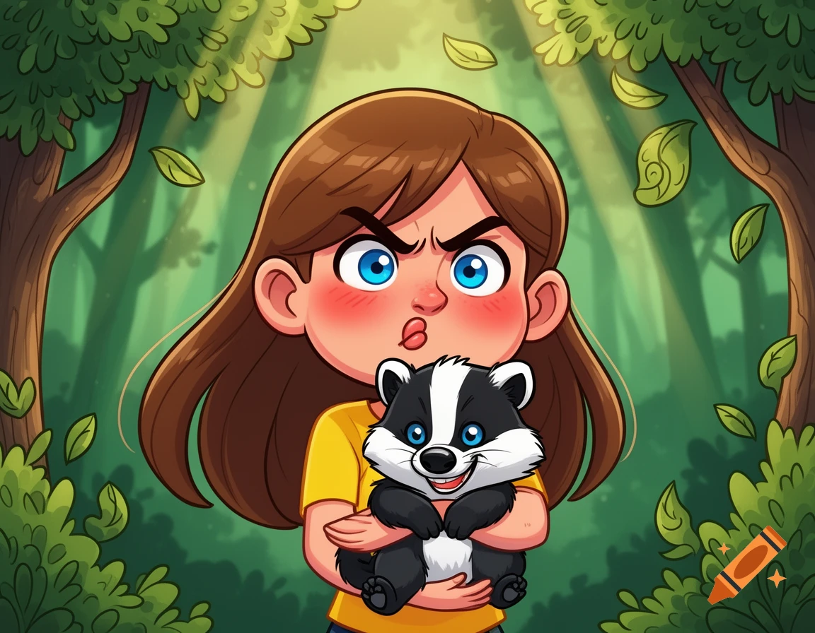 Cartoon girl with brown hair and blue eyes, looking mad, holds a small badger in a sunlit forest with falling leaves.