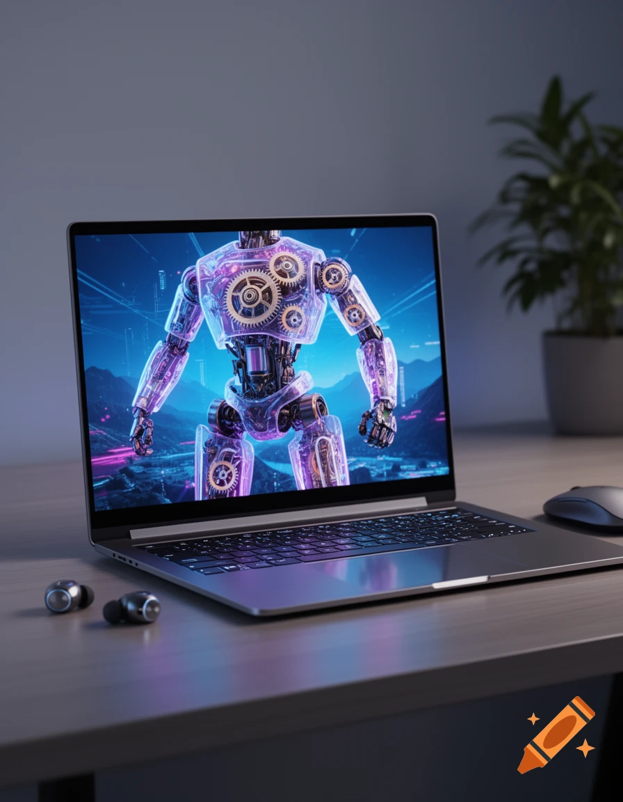A modern laptop on a wooden desk displays a glowing, intricate robot with transparent components and gears. Earbuds and a mouse are nearby.