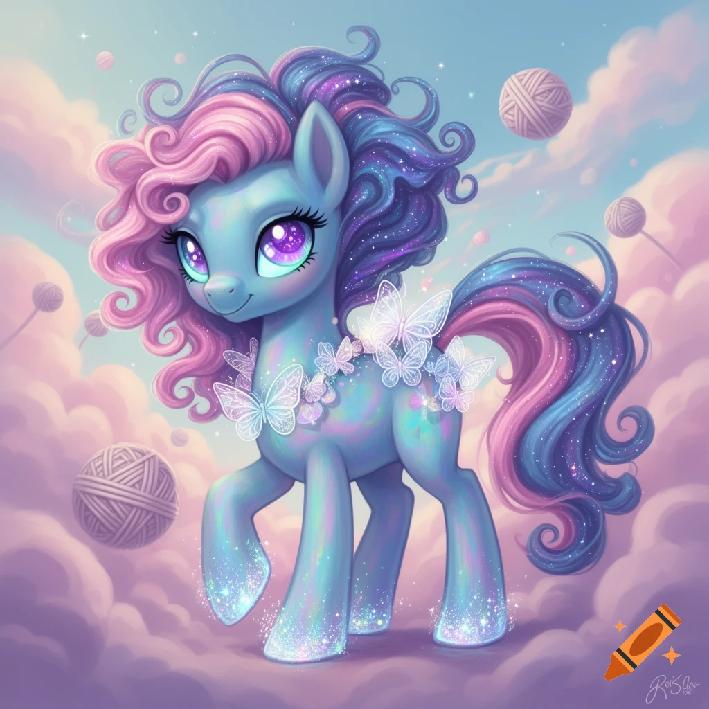 A cute blue pony with sparkling hooves, pink and purple curly mane and tail, adorned with white butterflies, floating on pink clouds with yarn.