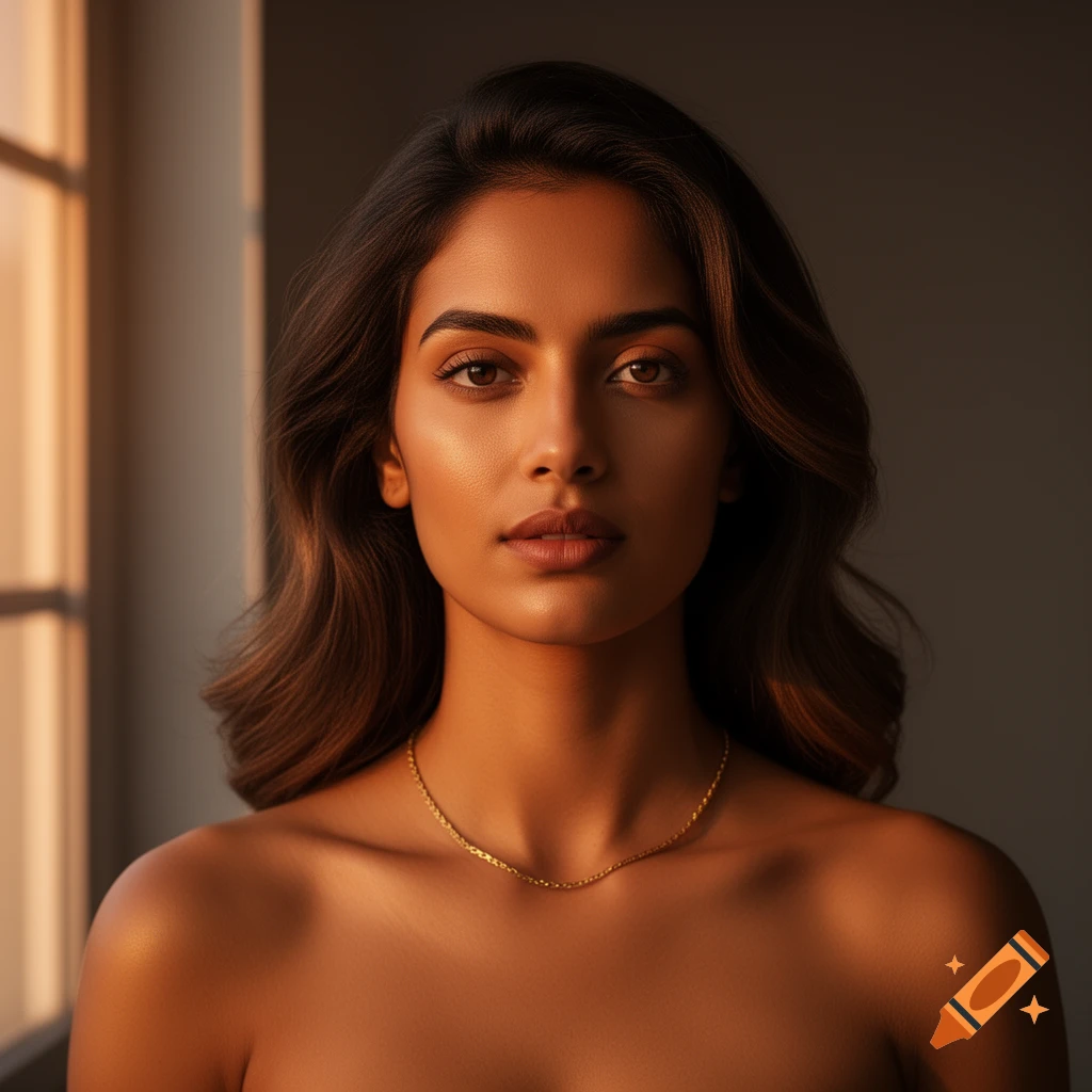 Photorealistic close-up portrait of a woman with dark hair and a gold chain, lit by warm window light.