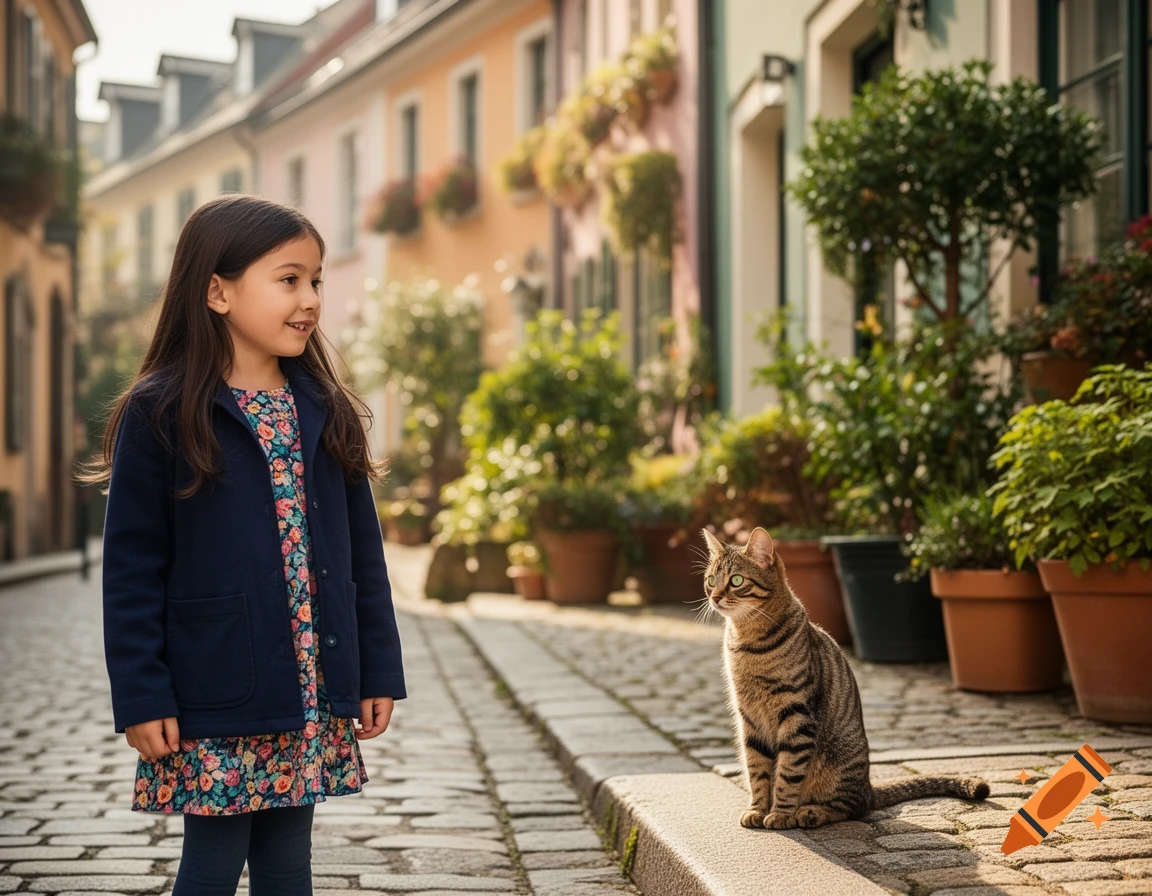 A young girl in a floral dress and blue jacket stands on a cobblestone street, looking at a tabby cat sitting on the curb.