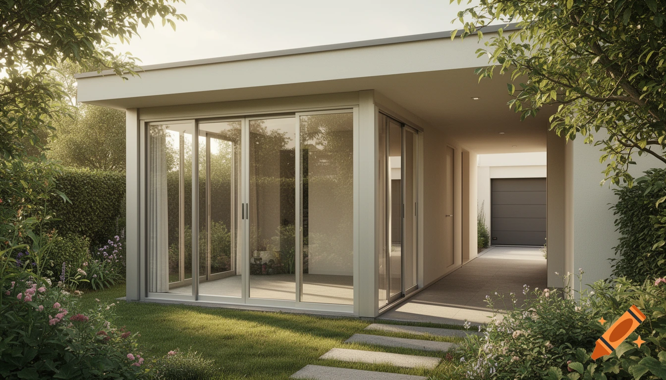A modern summer garden extension with glass sliding doors and a flat roof, set in a lush green garden with a stone path.