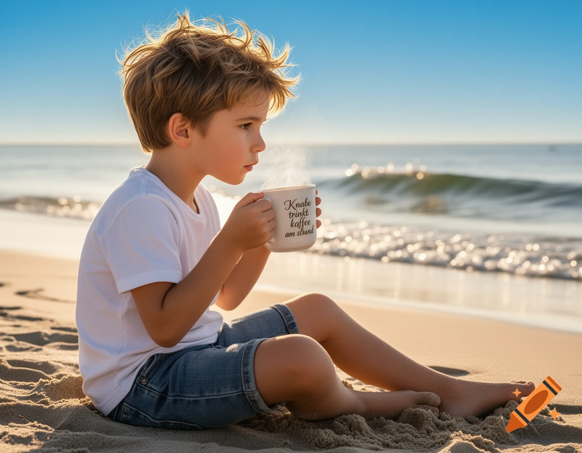 A young boy sits on a sandy beach by the ocean, holding a steaming mug.