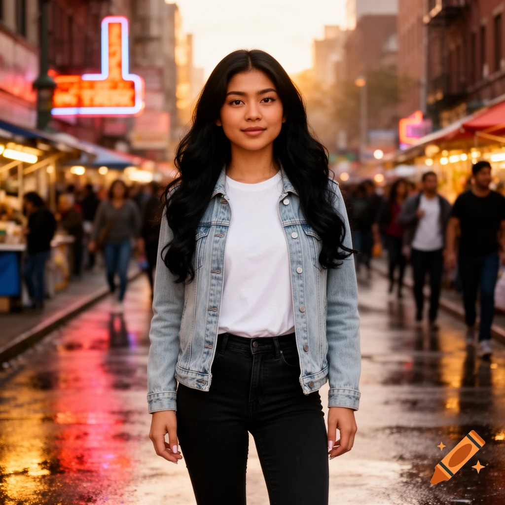 A young woman with long dark hair, wearing a denim jacket and black jeans, stands on a wet city street with neon signs and blurred people in the background at sunset.