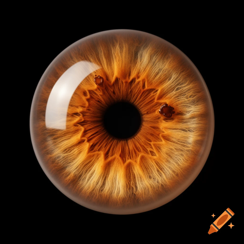 A hyper-realistic macro photograph of a warm amber and honey-brown human iris with a glossy reflection and two pigment freckles.