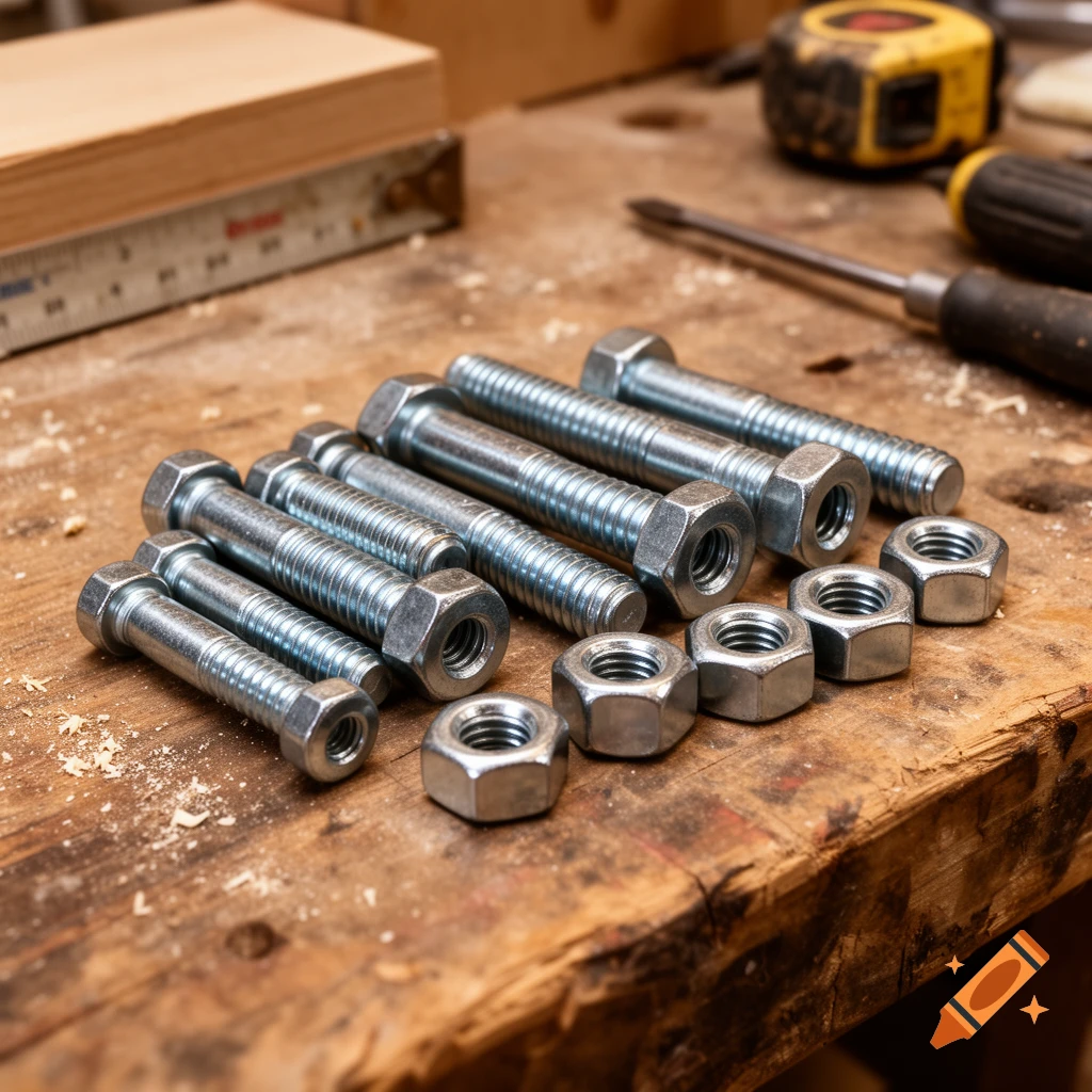 A close-up of shiny silver bolts and nuts scattered on a rustic wooden workbench, with tools and a ruler in the blurred background.