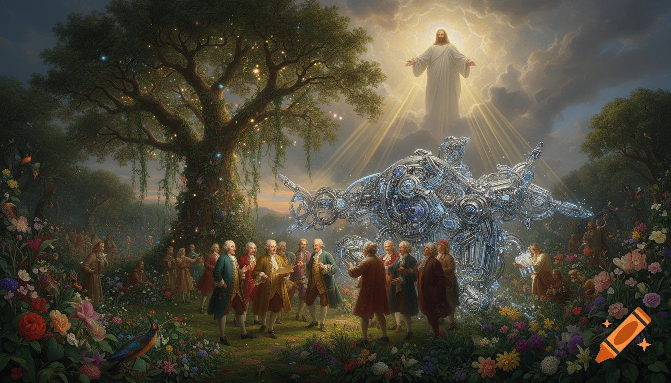 Jesus overlooks Enlightenment figures and a large, complex machine in a vibrant, enchanted garden with glowing lights.
