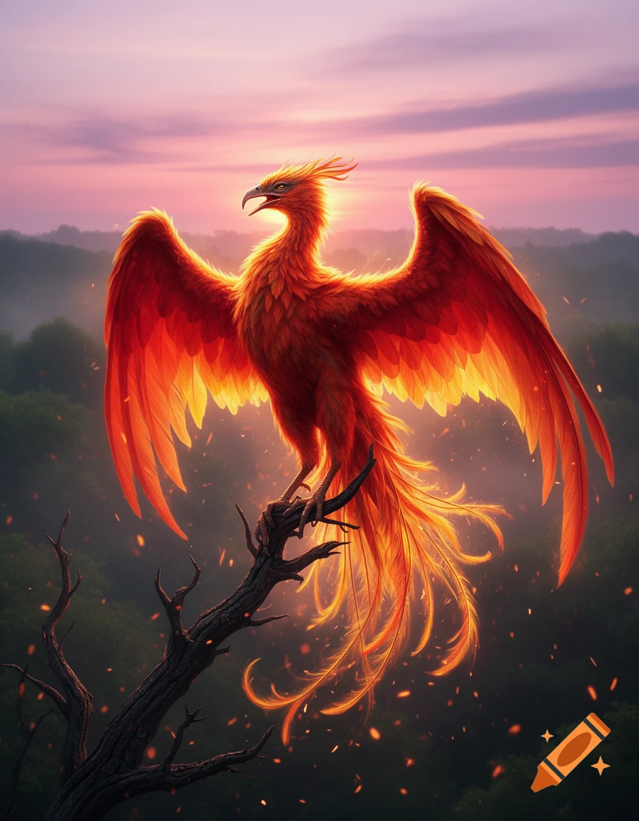 A majestic fiery phoenix with outstretched wings perches on a bare tree branch against a vibrant pink and orange sunset sky, with glowing embers.
