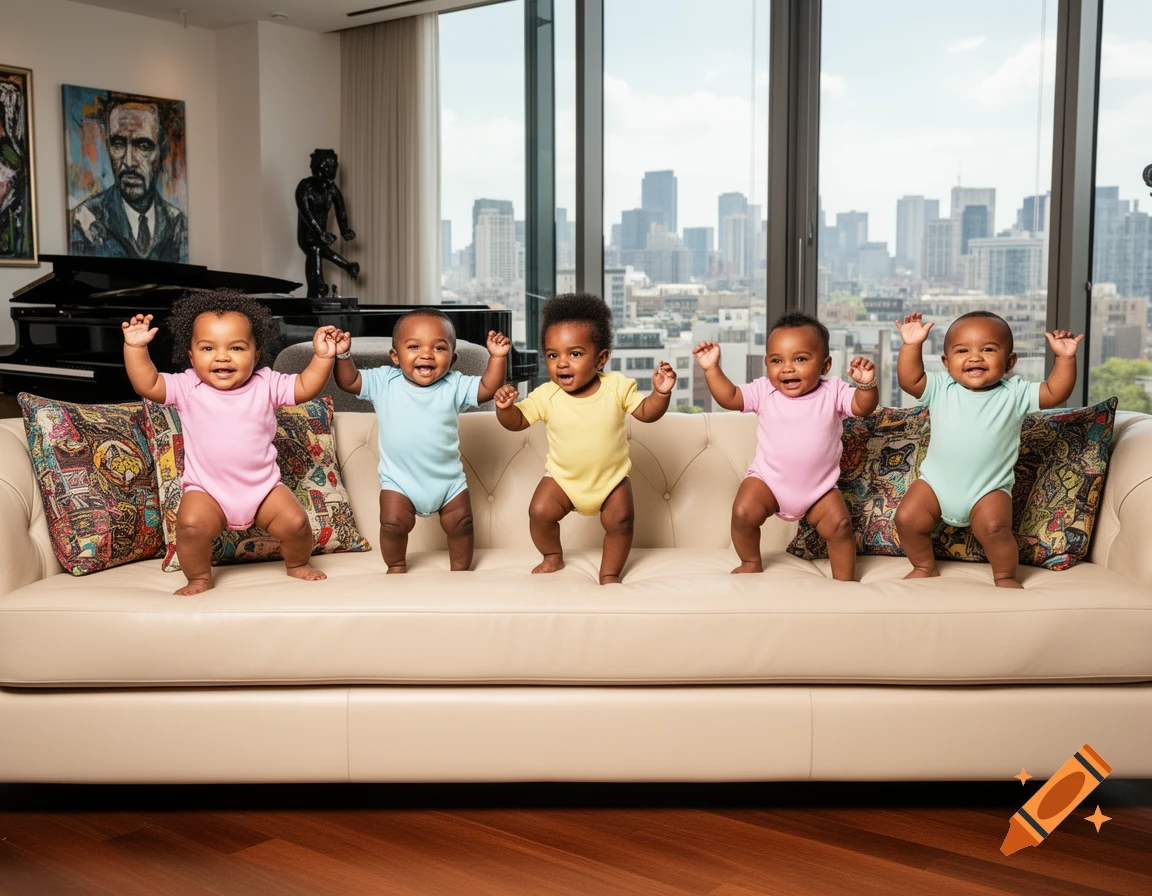 Five happy babies in colorful rompers dancing on a beige couch in a modern apartment with a city skyline view.