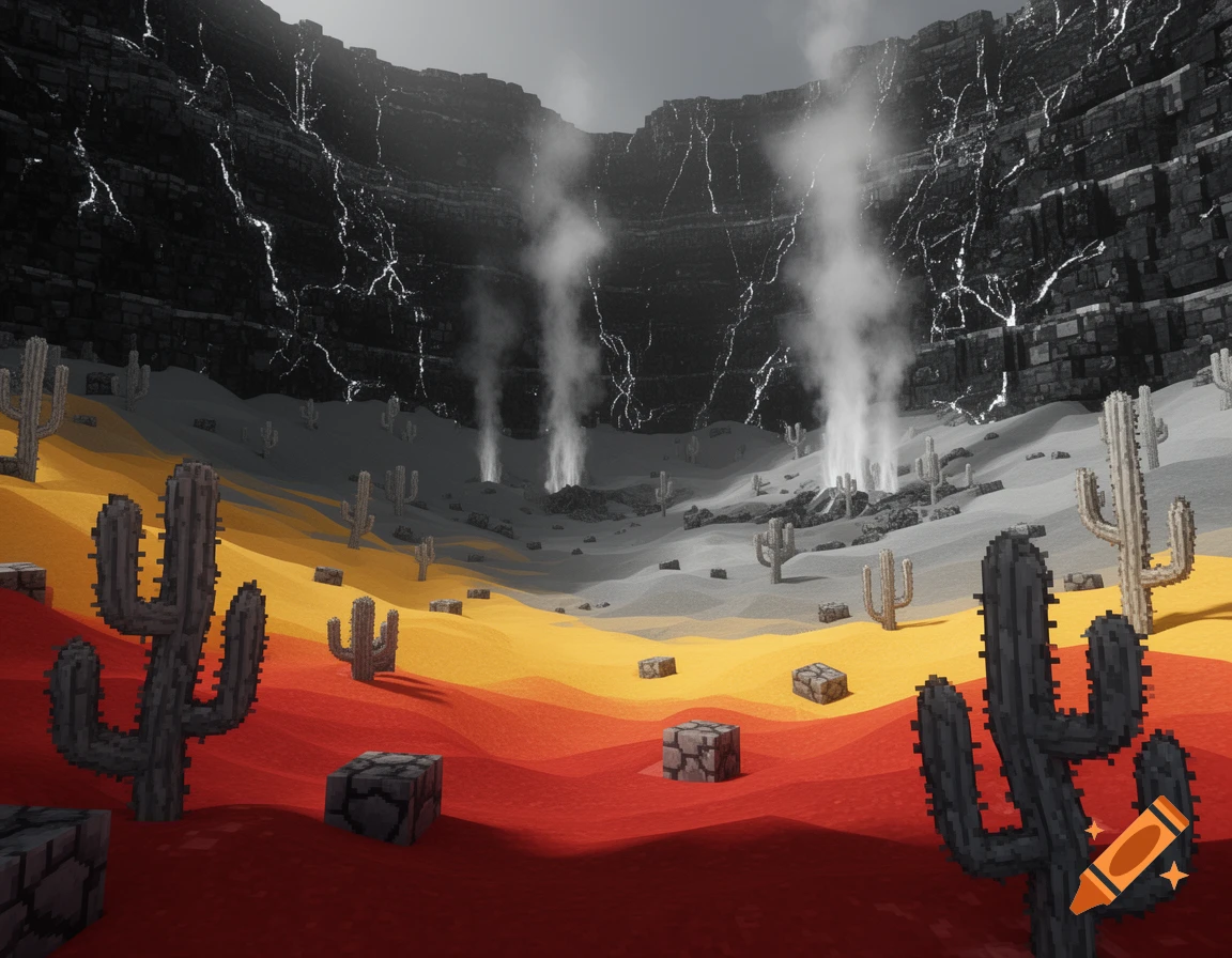 A pixel art style volcanic desert landscape with dark, cracked canyon walls, steaming geysers, and pixelated cacti on red, yellow, and gray sand.