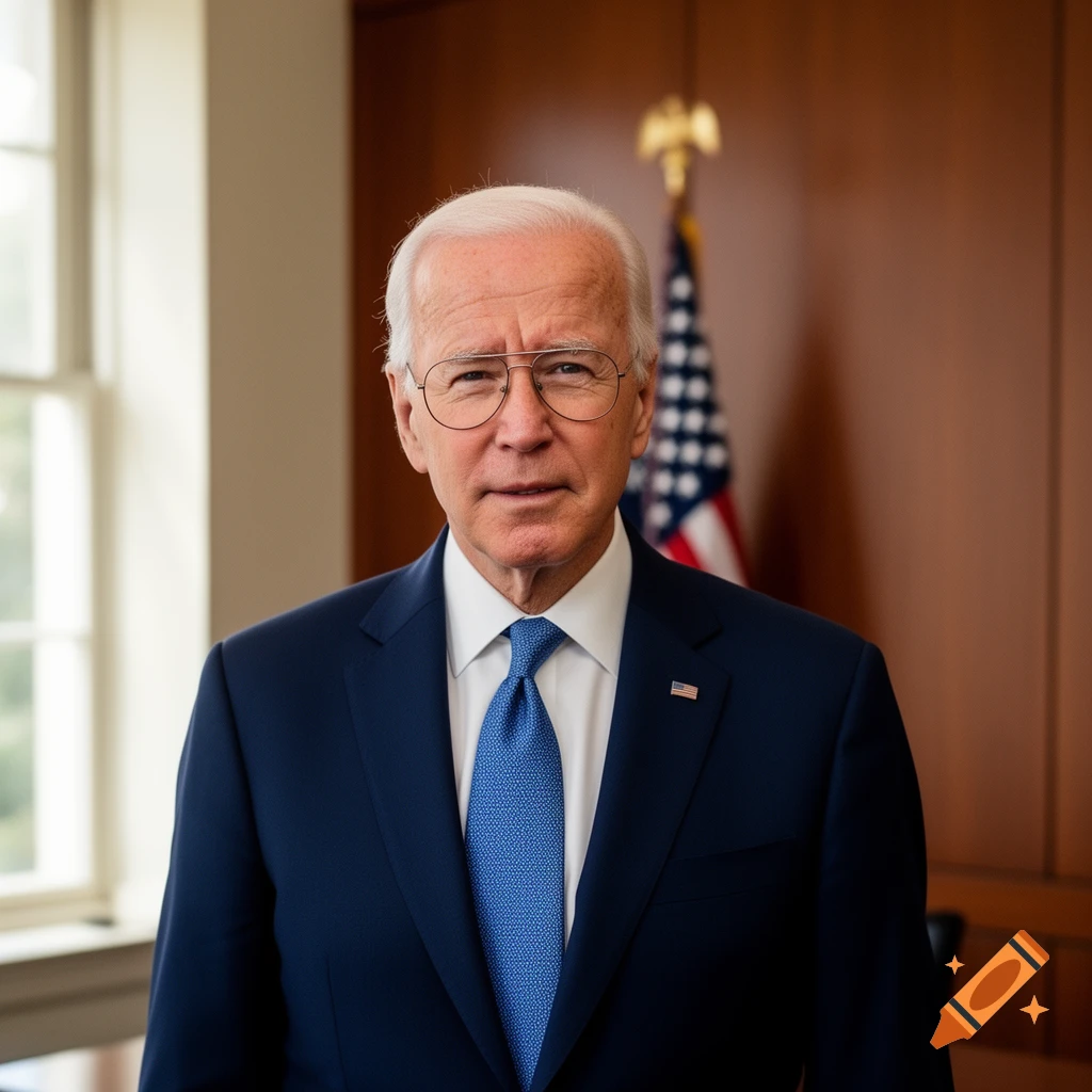 Photorealistic portrait of Joe Biden wearing a blue suit and tie, standing in a formal office with an American flag.