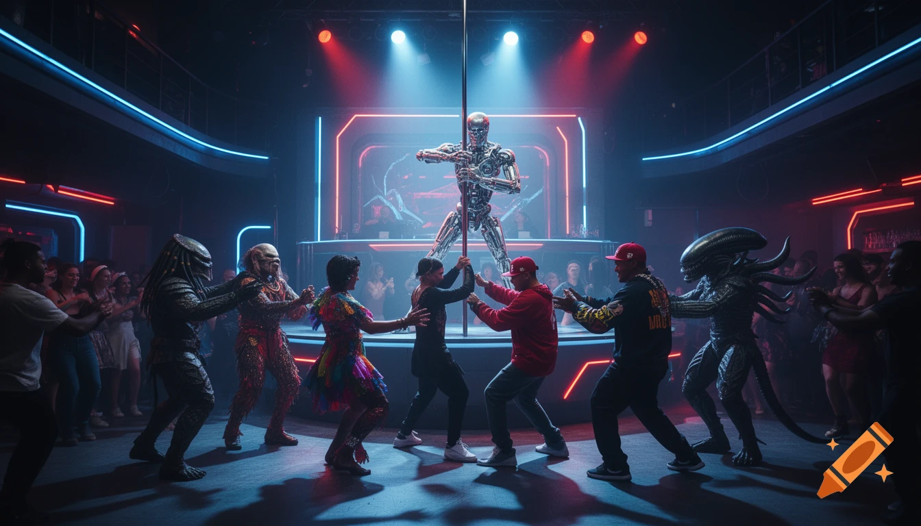 A Terminator robot pole dances on a stage in a neon-lit club, with Predator, Alien, and human characters dancing below.