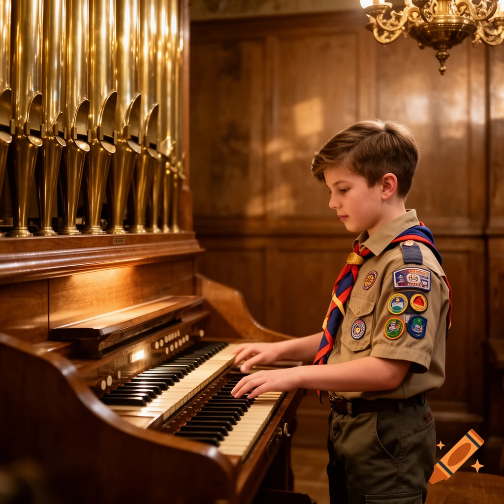 A young boy in a scout uniform intently playing a large, ornate pipe organ in a wooden room.