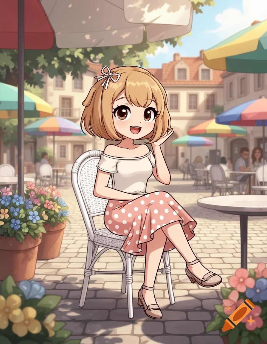 A cheerful anime girl in a Gacha Life art style sits at an outdoor cafe with umbrellas and potted flowers.