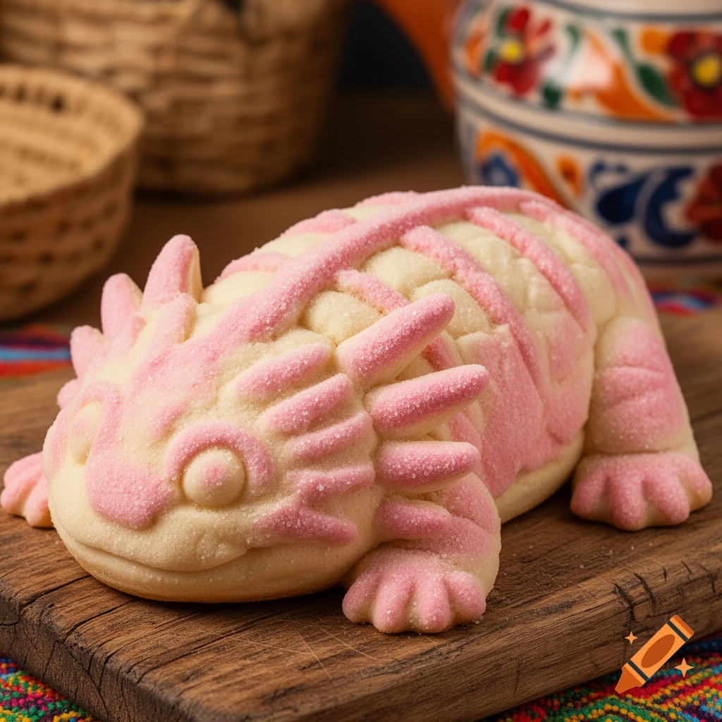 A photorealistic concha, a Mexican sweet bread, shaped like a pink and white axolotl, resting on a wooden board.