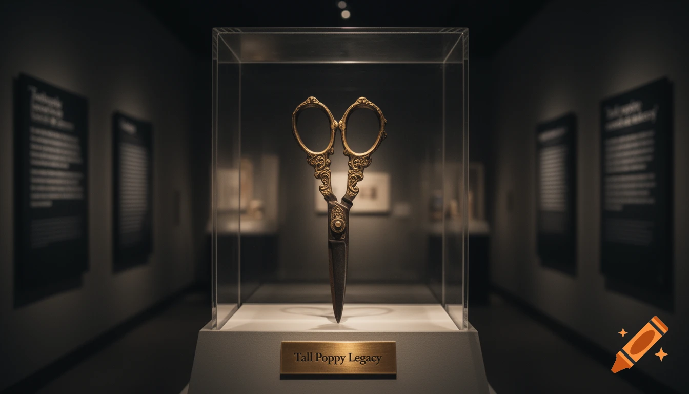 An ornate golden pair of scissors displayed in a clear glass case in a dimly lit museum exhibit, with a plaque reading "Tall Poppy Legacy".