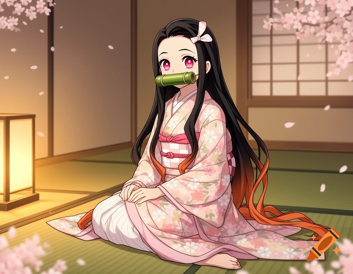 Anime girl Nezuko from Demon Slayer sits on a tatami mat in a pink kimono with a bamboo muzzle, surrounded by cherry blossoms.
