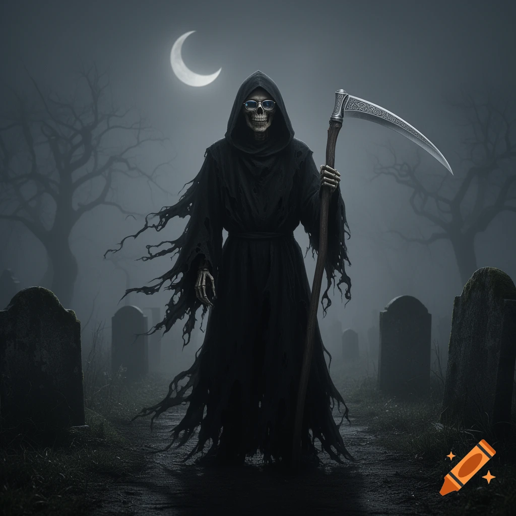 A skeletal Grim Reaper in a dark, tattered robe and sunglasses stands in a foggy graveyard under a crescent moon, holding a large scythe.