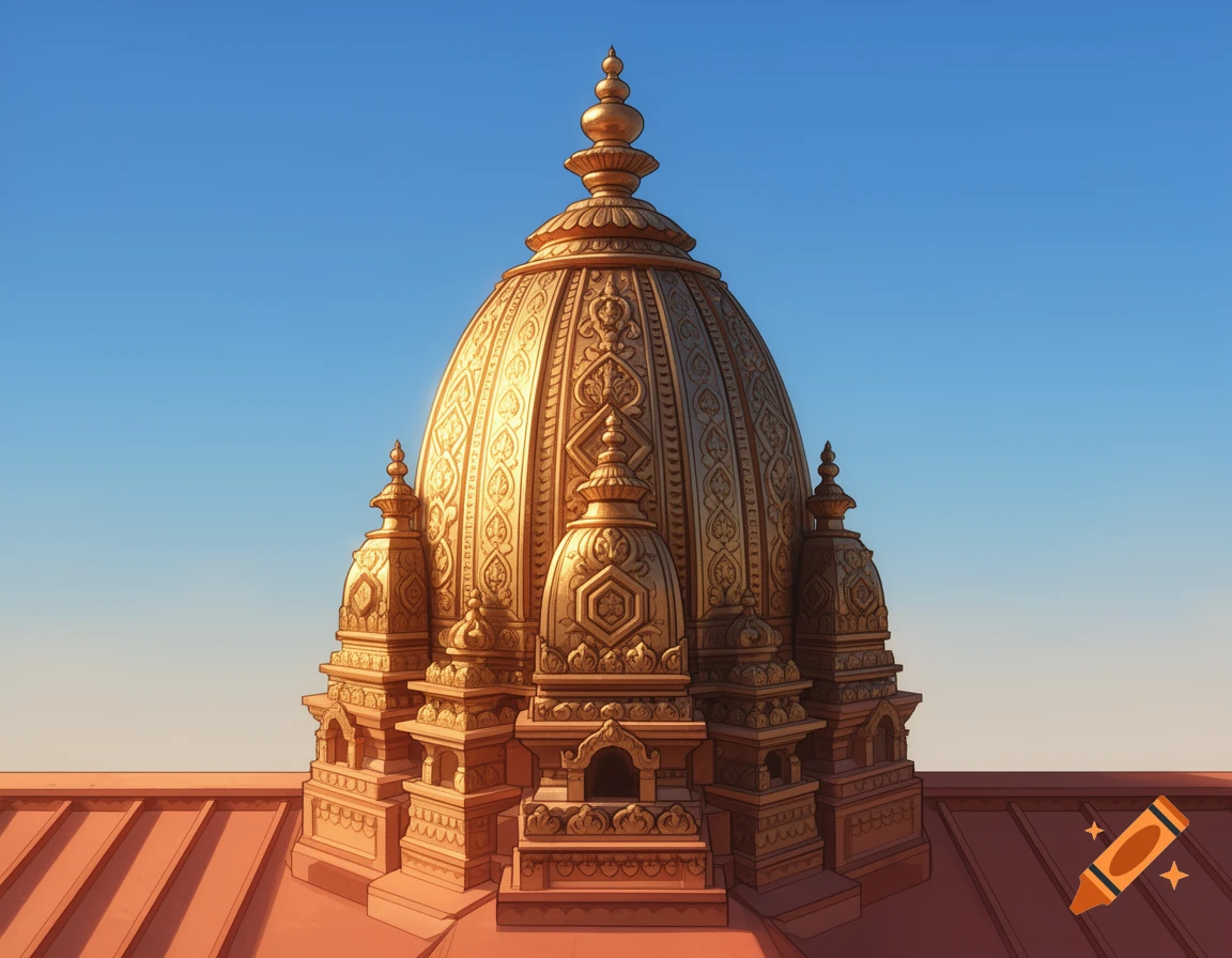 2D drawing of an ornate golden temple dome and roof against a bright blue sky.
