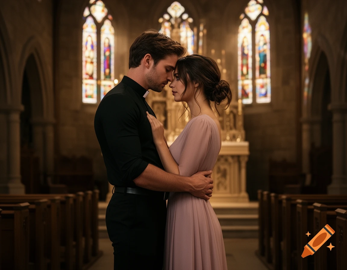 A priest and a woman in a close, romantic embrace, foreheads touching, inside a church with stained glass windows.