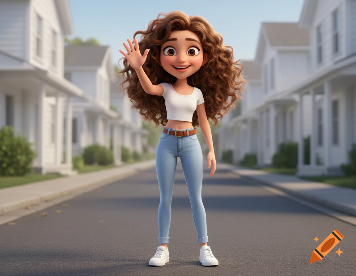 A smiling, curly-haired 3D animated woman in a white crop top and jeans waves on a street with white houses.