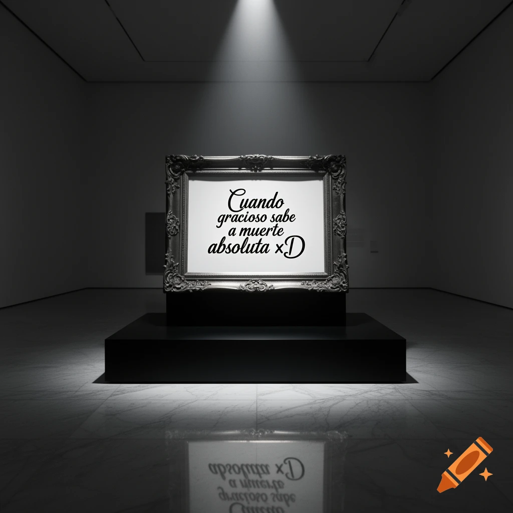 A framed picture with the Spanish text 'Cuando gracioso sabe a muerte absoluta xD' under a spotlight in a dark, minimalist art gallery.