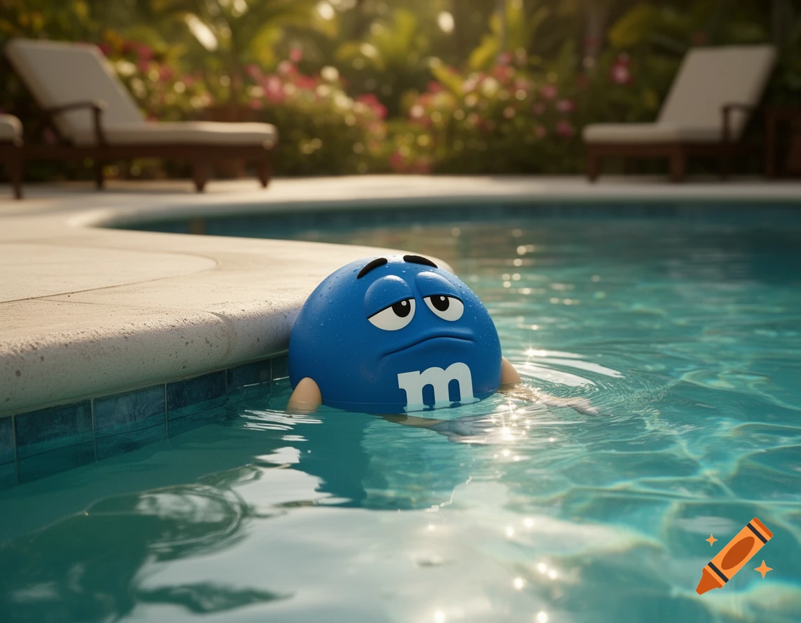A sad blue M&M cartoon character floats in a sunlit swimming pool with lounge chairs and plants in the background, photorealistic.