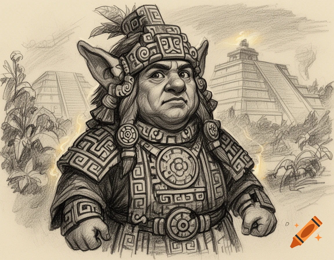 Charcoal sketch of a stern deep gnome in elaborate Aztec-like armor and headgear, standing before pyramids and jungle.