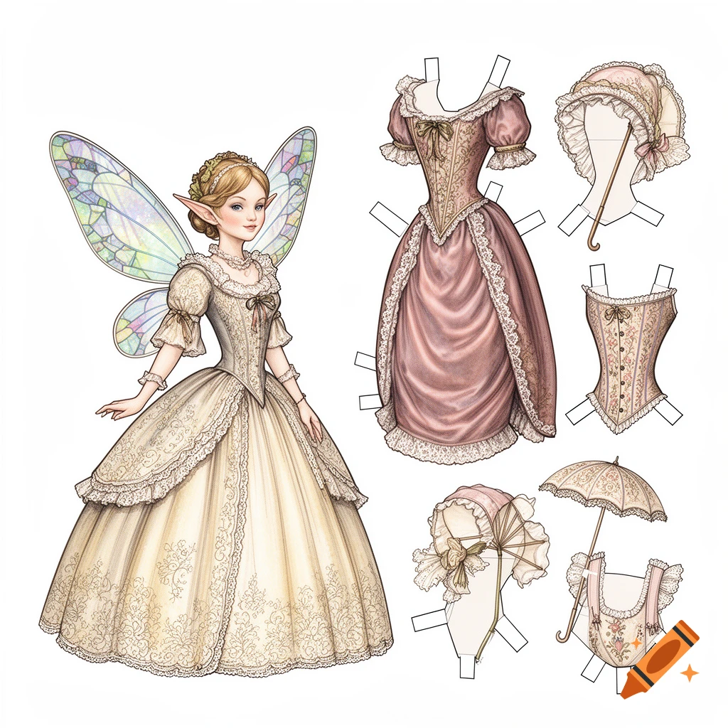 An illustration of a blonde fairy paper doll in a cream Victorian gown, alongside cutout pink and cream dresses, a corset, a bonnet, and an umbrella.