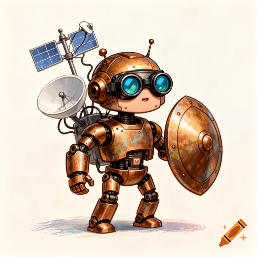 A cute, copper-colored robot wearing goggles and carrying a shield, with solar panels and a satellite dish on its back, in a stylized illustration.