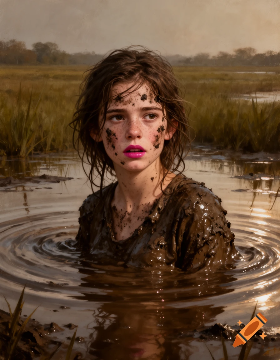 A young woman with mud-splattered face, pink lipstick, and messy hair stands waist-deep in muddy water, creating ripples in a swampy field.