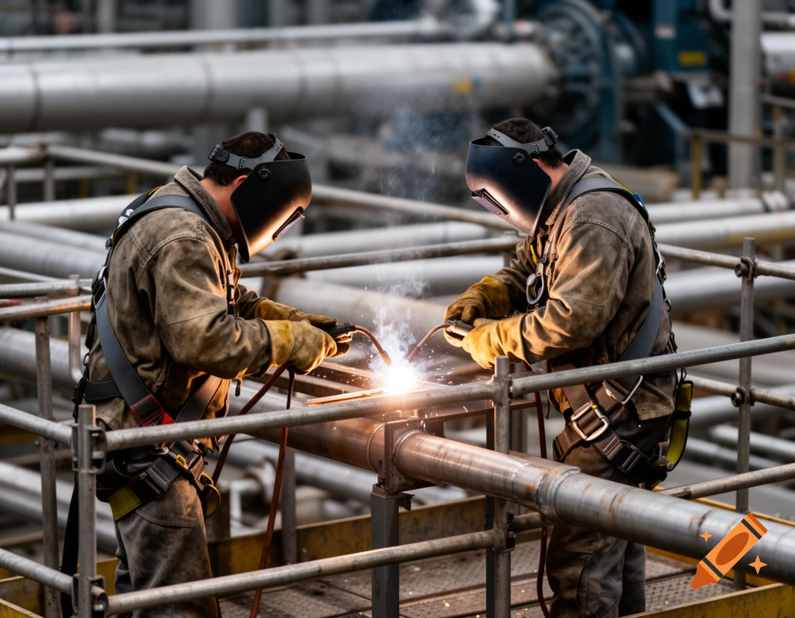 Two photorealistic welders in safety gear working on pipes with sparks flying, on scaffolding at an industrial facility.