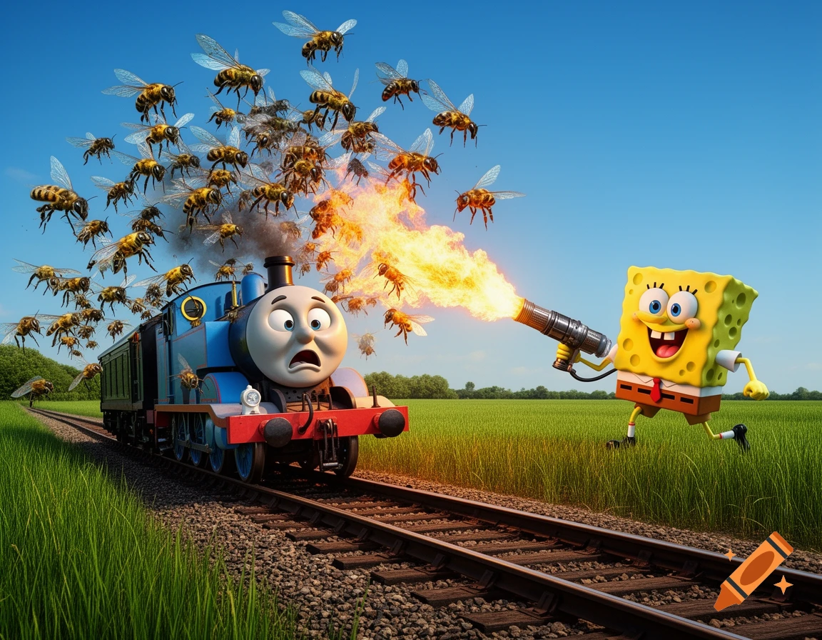 SpongeBob SquarePants with a flamethrower protecting a terrified Thomas the Tank Engine from a swarm of bees in a grassy field.
