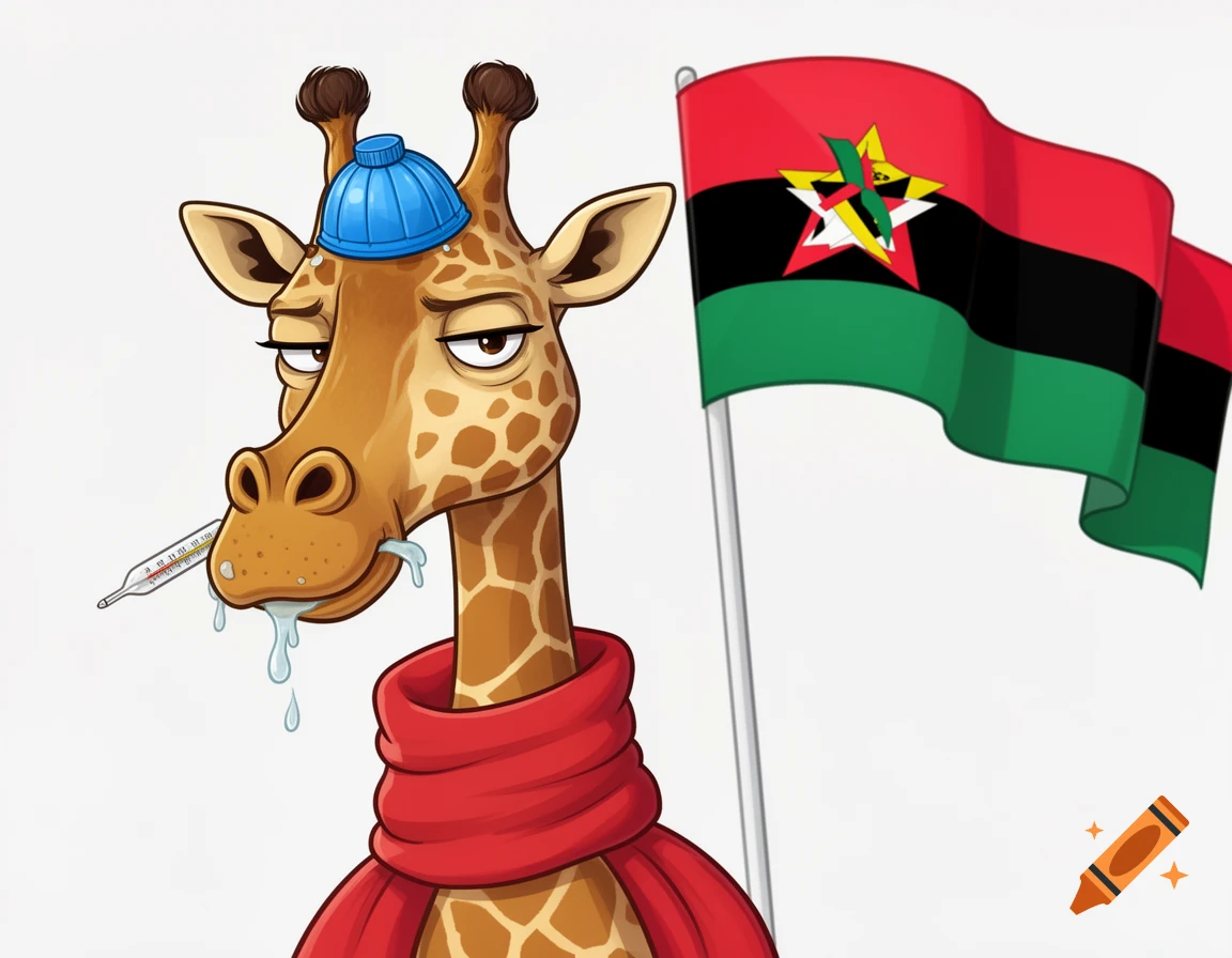 A sick cartoon giraffe wears a blue ice pack, red scarf, and has a thermometer in its mouth with mucus dripping, against the flag of Mozambique.