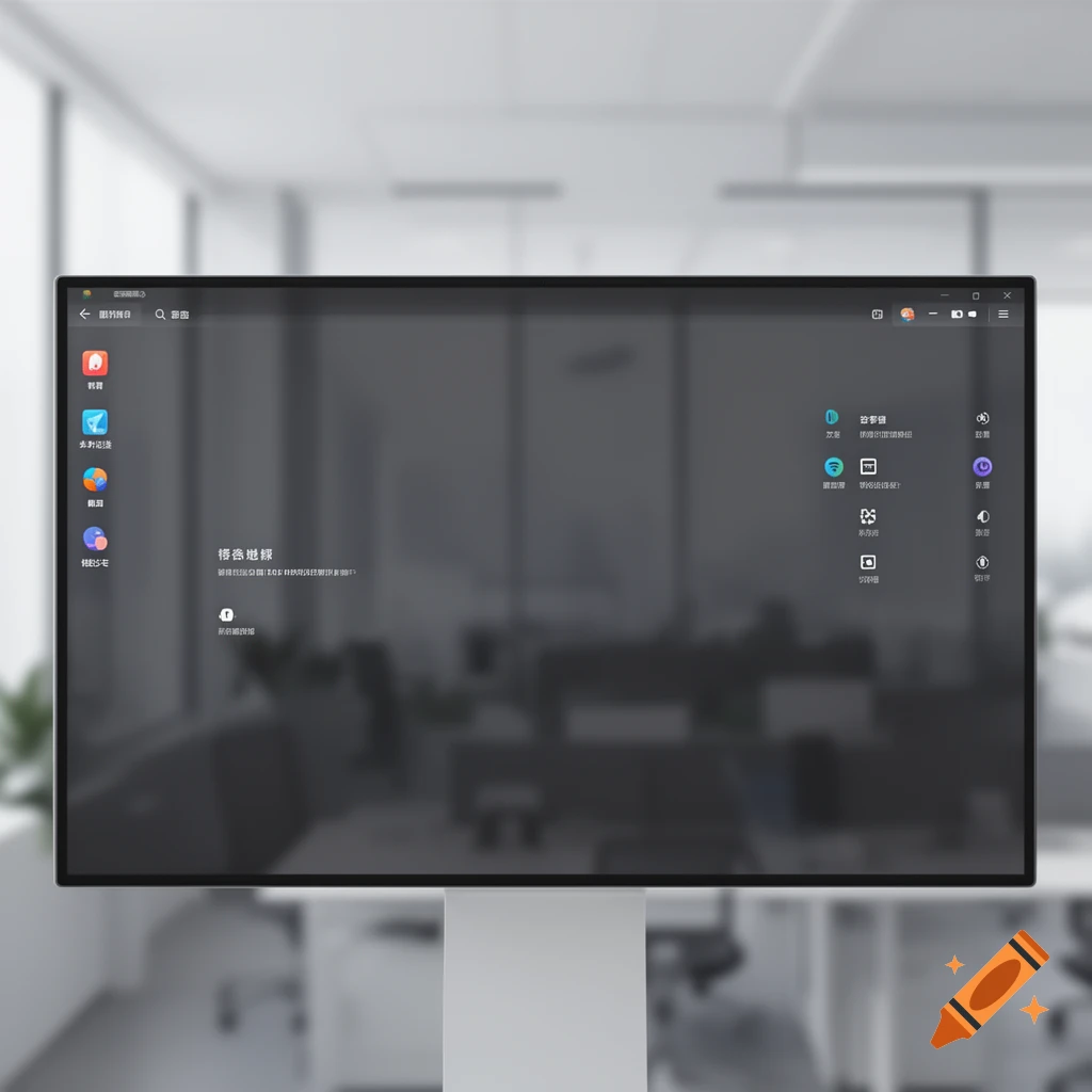 A photorealistic render of a computer monitor displaying a dark-themed graphical user interface with Chinese text and icons, set in a blurred office background.