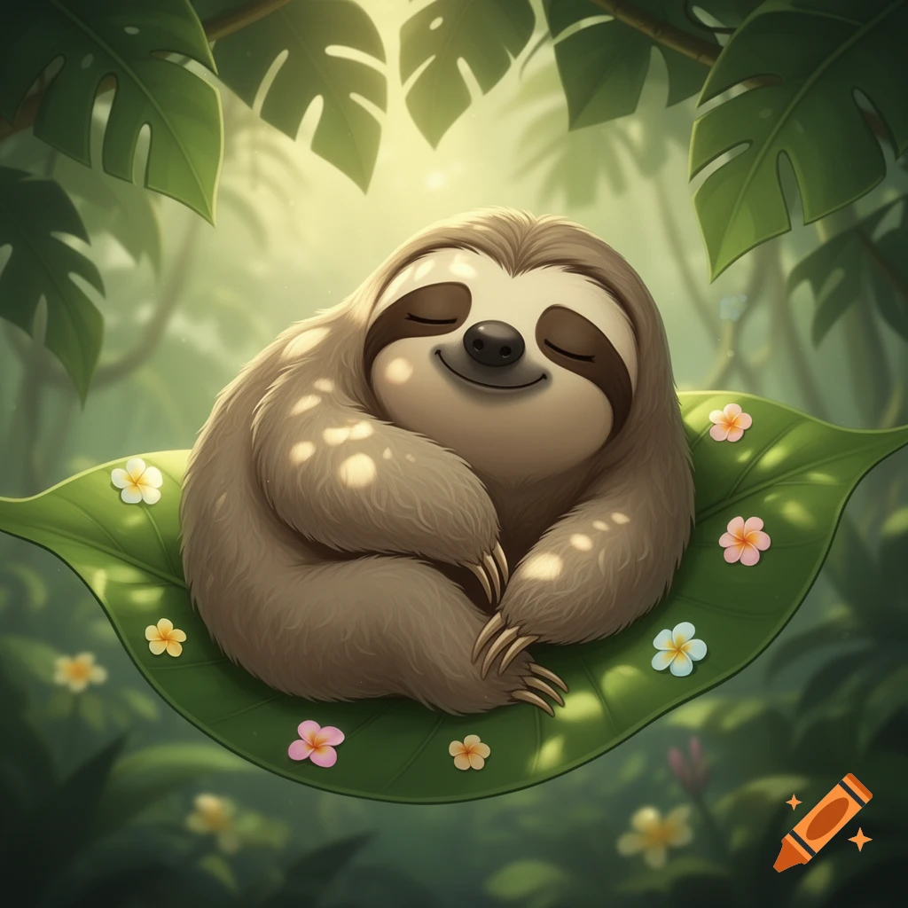 A cute cartoon sleepy sloth curled up on a large green leaf, surrounded by small colorful flowers, in a sunlit jungle.