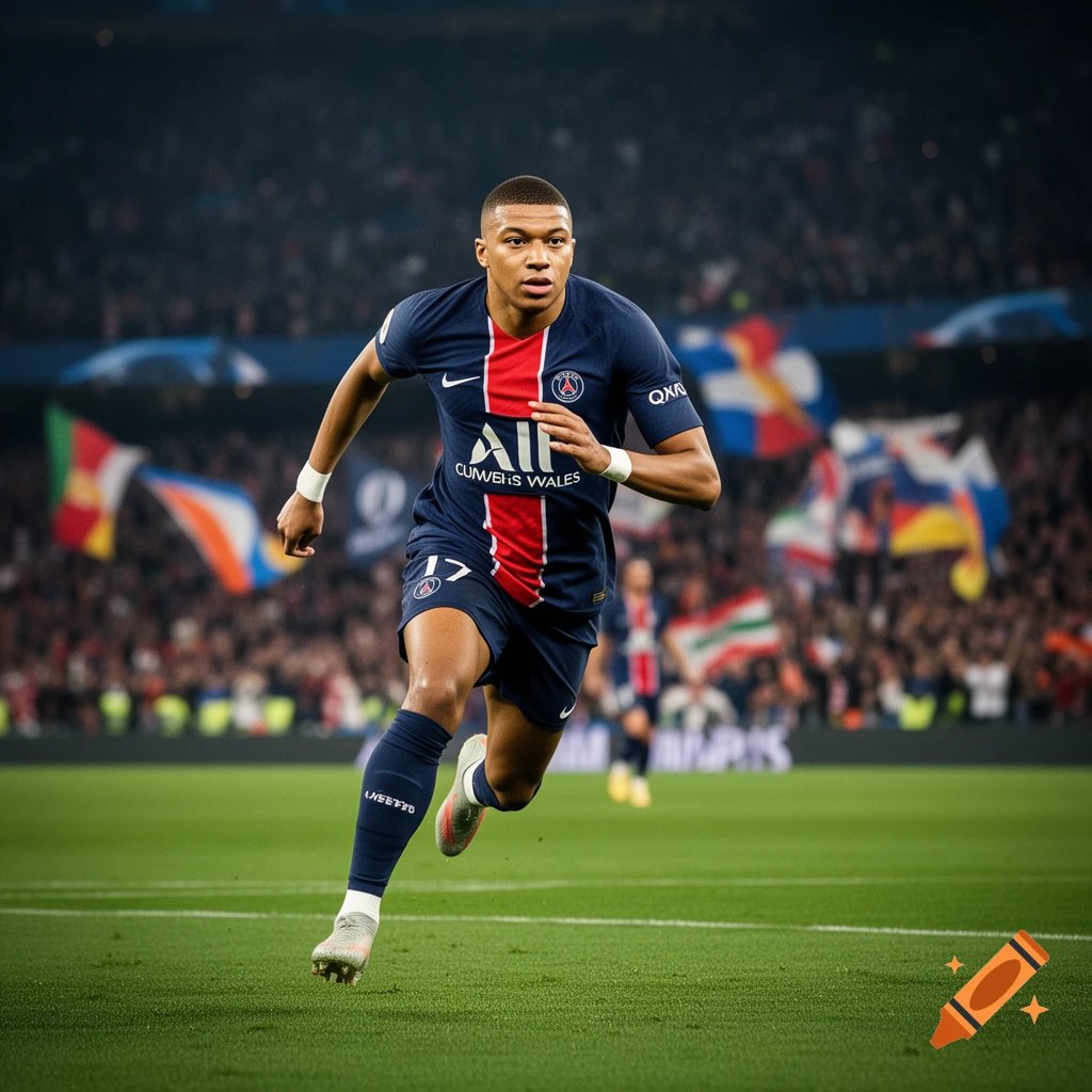Photorealistic image of a male soccer player in a blue and red jersey running across a green field in a stadium.