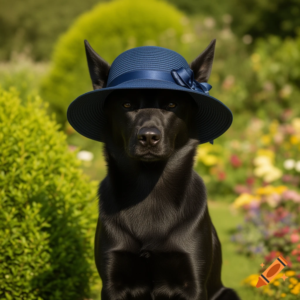 A black dog wearing a blue straw hat with a ribbon sits in a sunny garden with green bushes and colorful flowers.