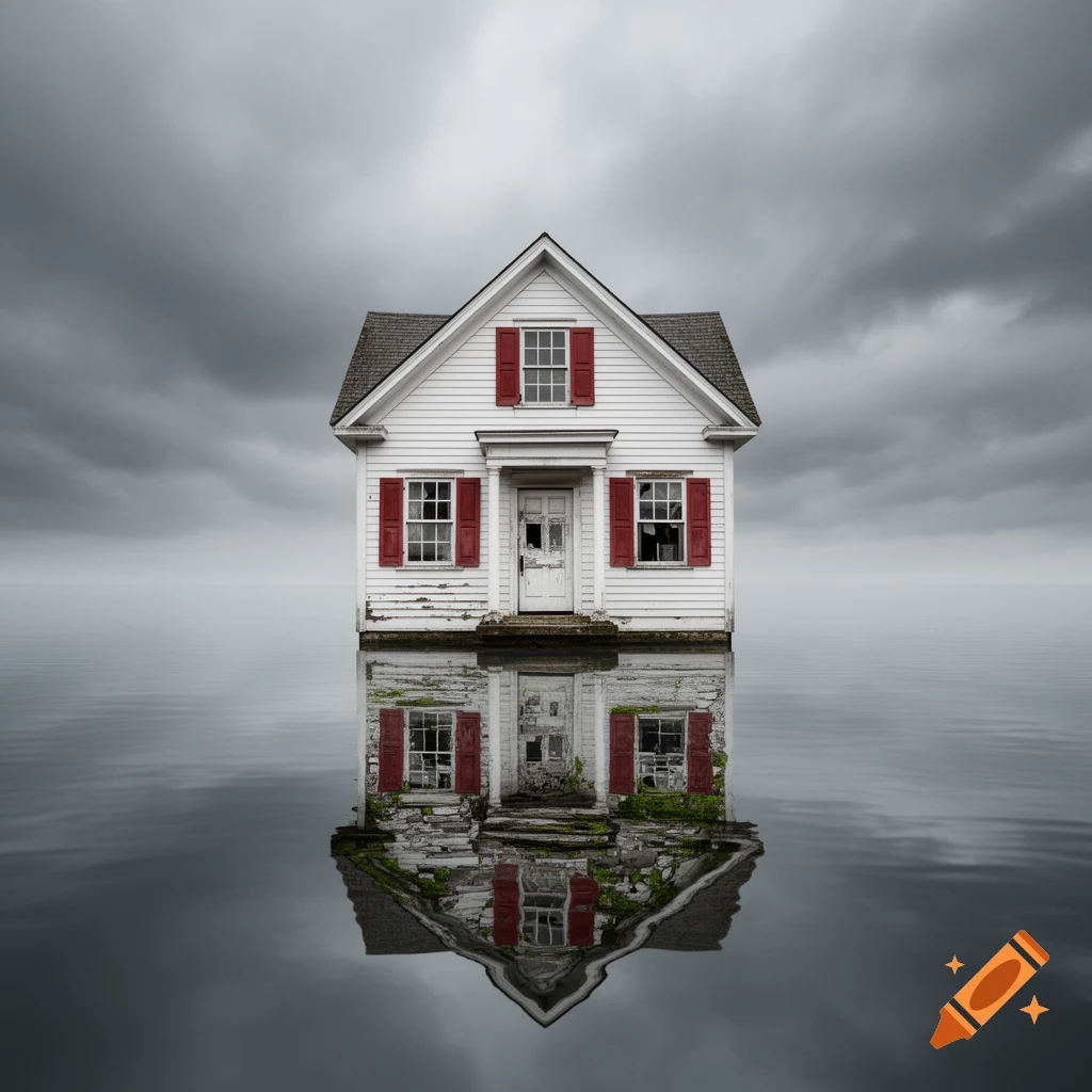 White house with red shutters and broken windows floating on still water under a cloudy sky, with a dilapidated reflection.