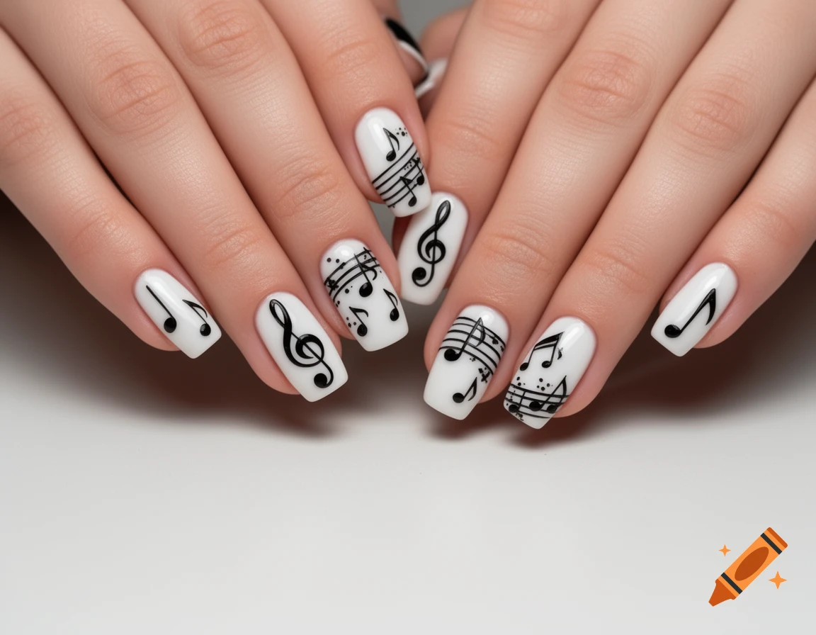 Close-up of hands with white nails painted with black musical notes, staff lines, and treble clefs.