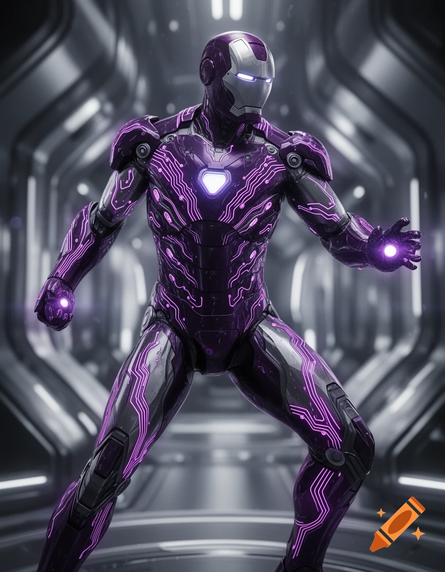 A futuristic Iron Man-like suit, deep violet and matte black with pulsing neon-purple circuitry, stands in a metallic hallway.