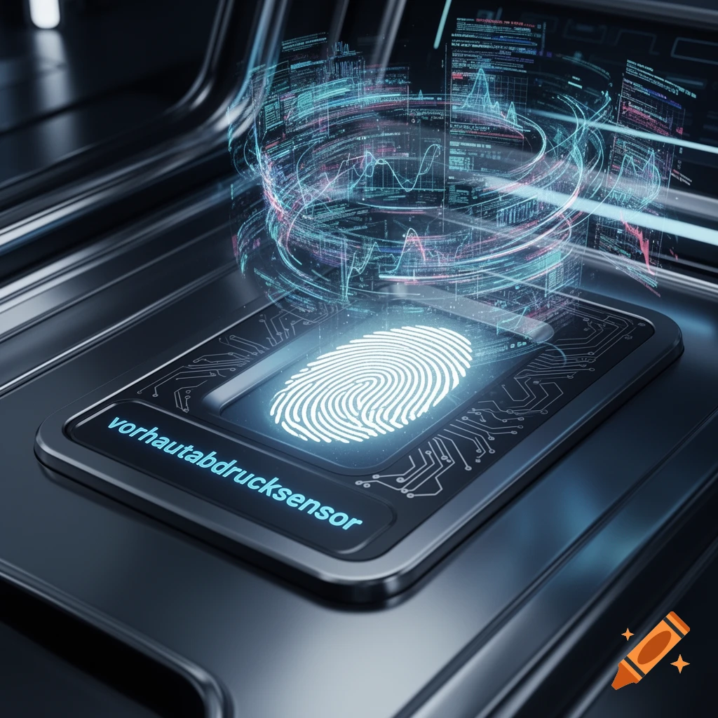 A close-up of a glowing fingerprint sensor on a metallic device, surrounded by holographic data displays.
