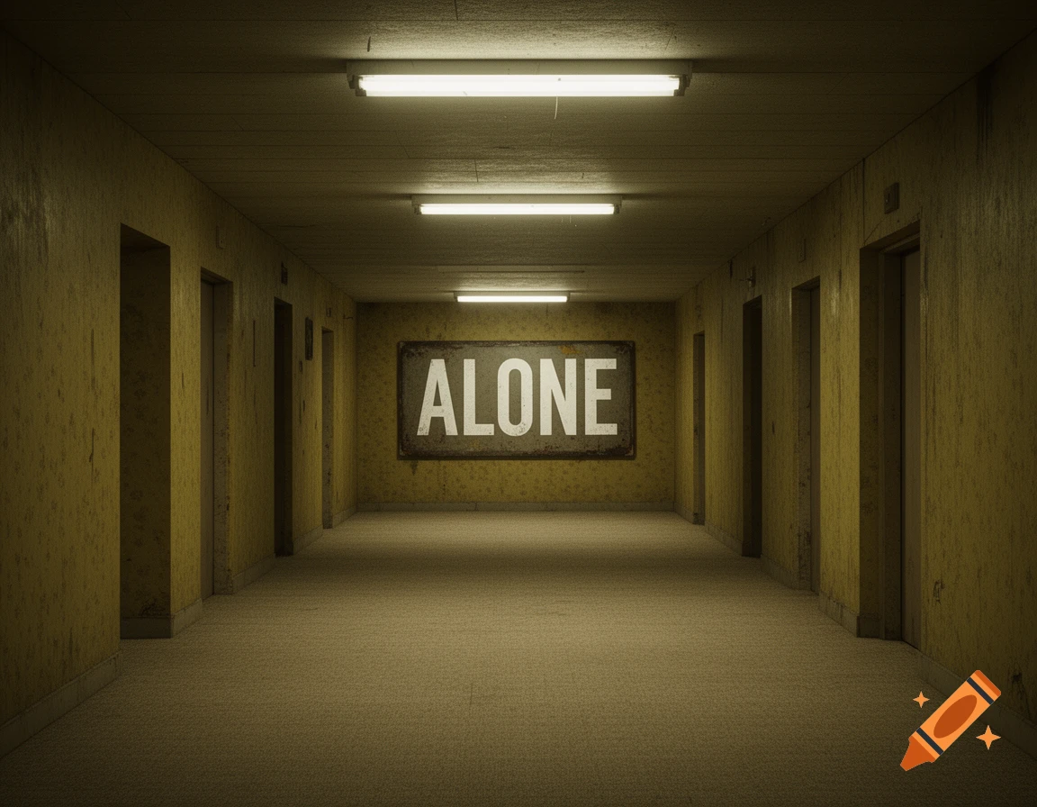 A long, dimly lit hallway with yellow, textured walls, closed doors, and a sign in the distance reading 'ALONE'.