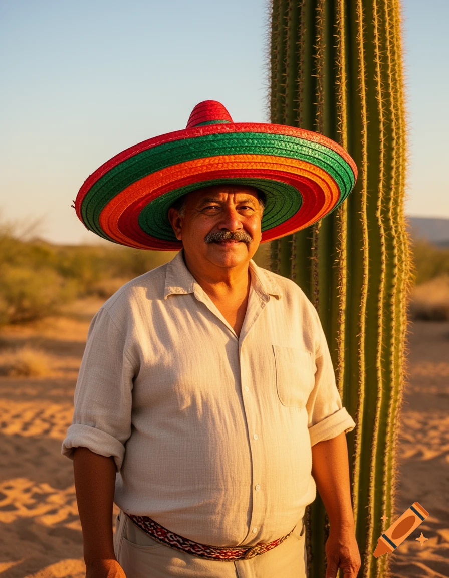 A man in a colorful sombrero smiles next to a tall cactus in a desert landscape.