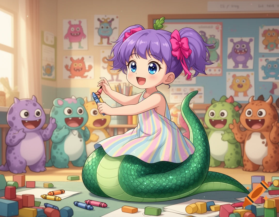 A colorful anime lamia girl with purple pigtails sits in a preschool classroom, holding crayons, surrounded by smiling cartoon monsters.