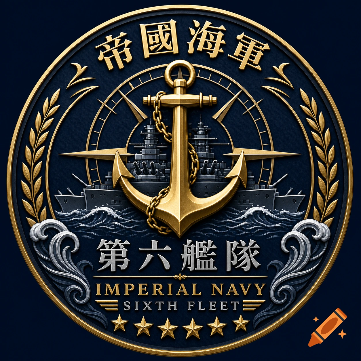 A circular, dark blue, gold, and silver military emblem featuring a golden anchor, two battleships, a compass, and text "IMPERIAL NAVY SIXTH FLEET".