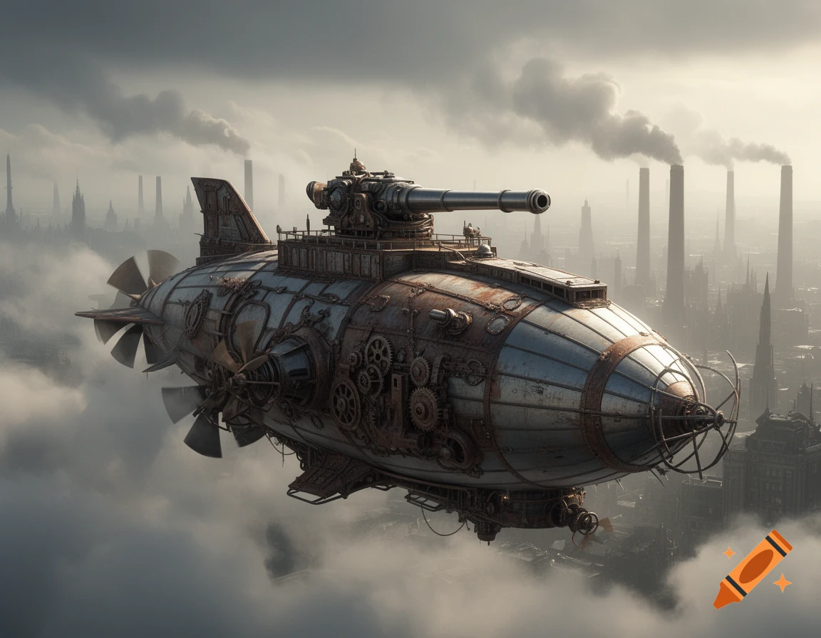 A detailed dieselpunk airship with a large cannon flies through a cloudy sky above a smoky industrial city.