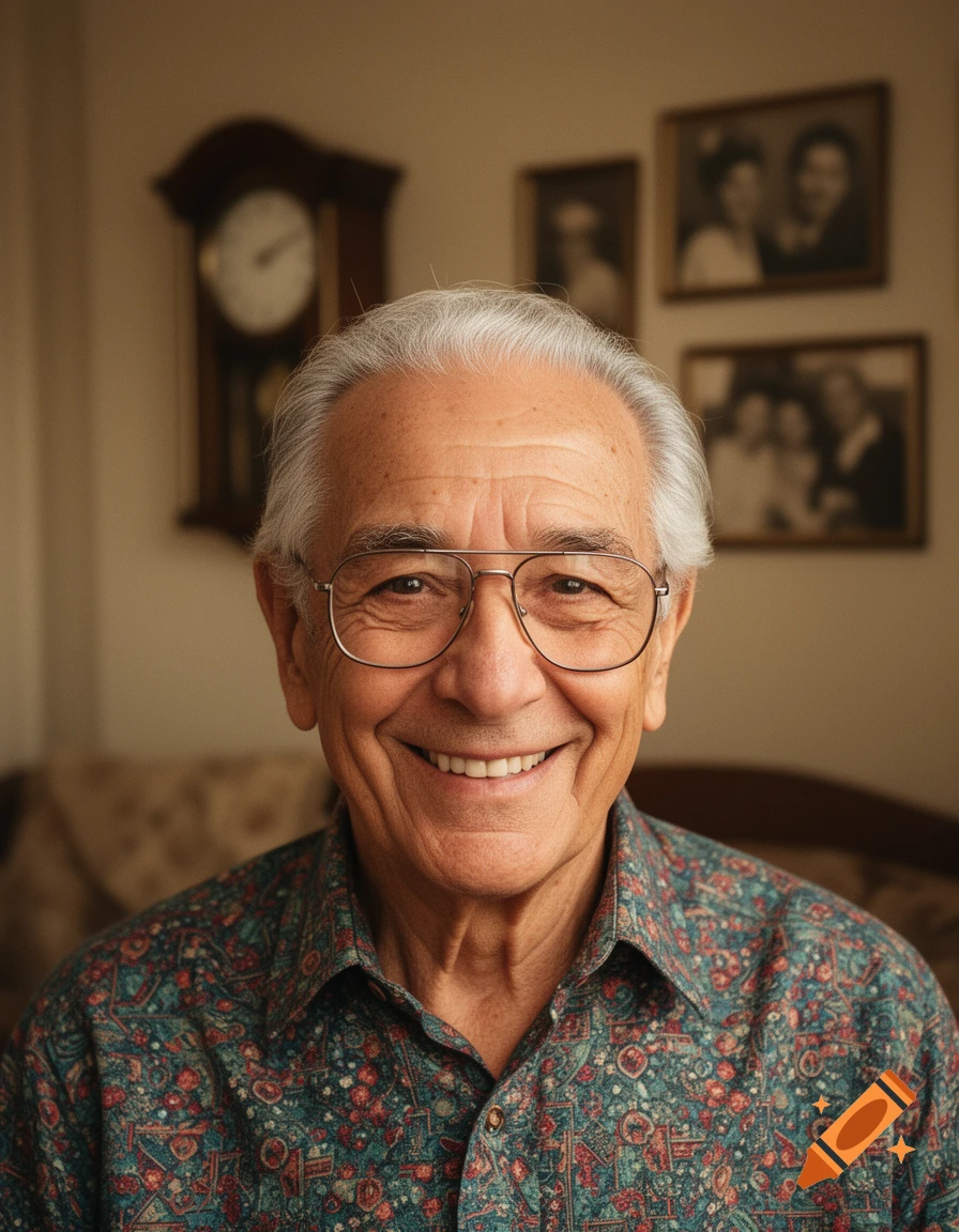 A smiling elderly man with white hair and glasses wearing a patterned shirt, with a blurred clock and framed photos in the background.